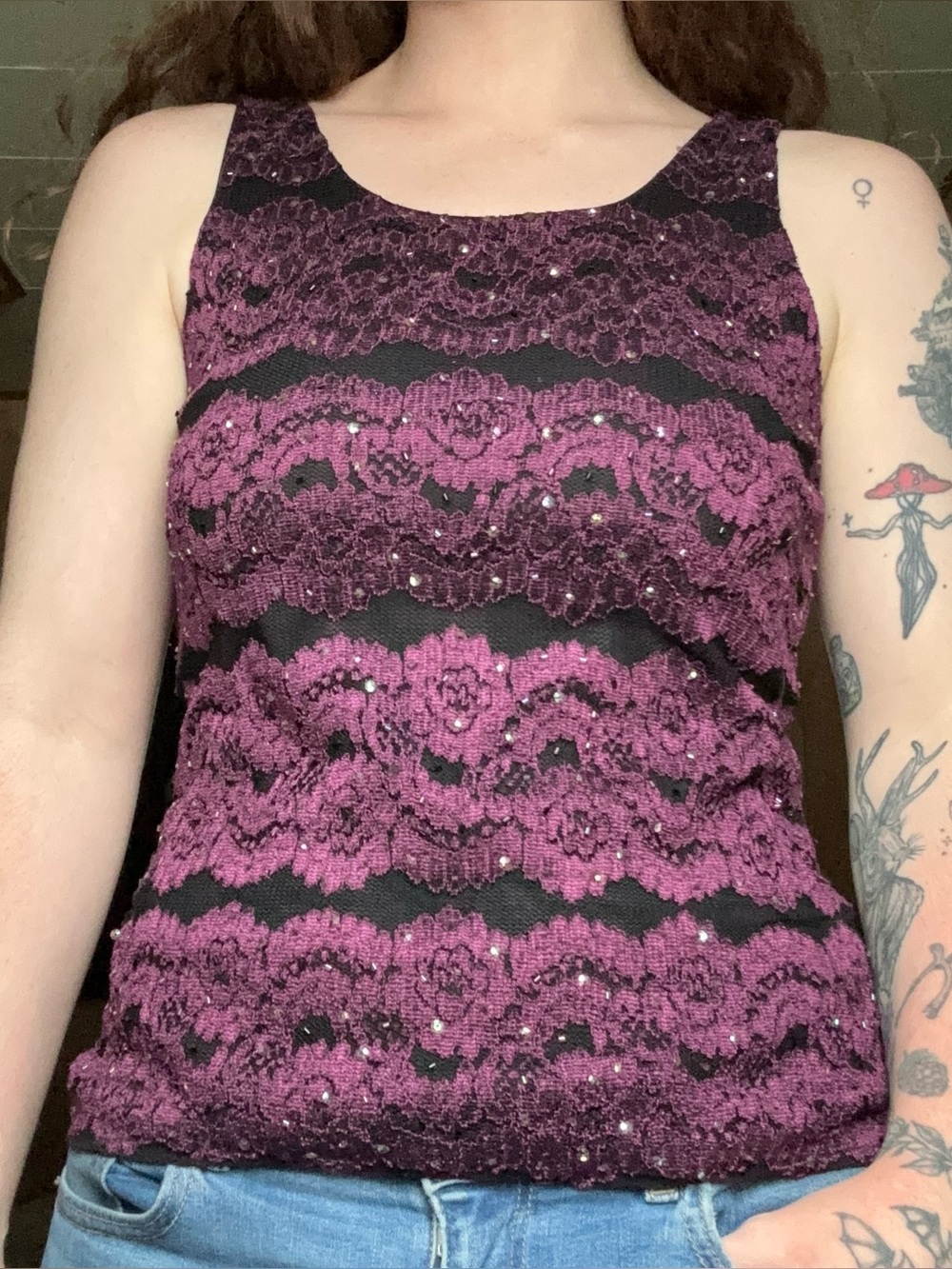 JS Boutique Whimsygoth Beaded Floral Purple Black Semi Sheer Layered Tank Top